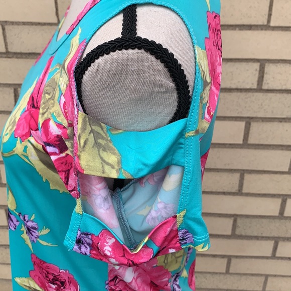 PS Kate Teal Blue Cold Shoulder Floral Ladder Cut-out Short Sleeve Top NEW - Picture 6 of 11